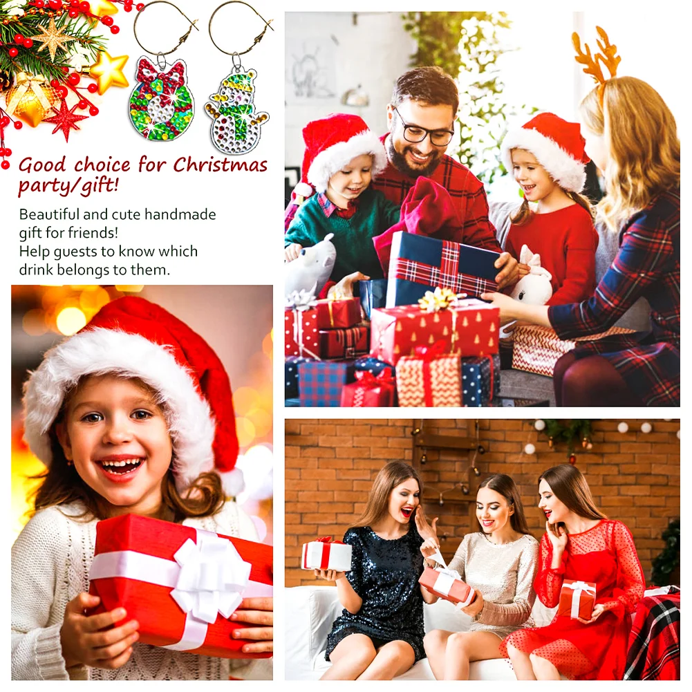 8pcs Diamond Painting Art Pendant Santa Diamond Wine Glass Charms Snowman Wreath