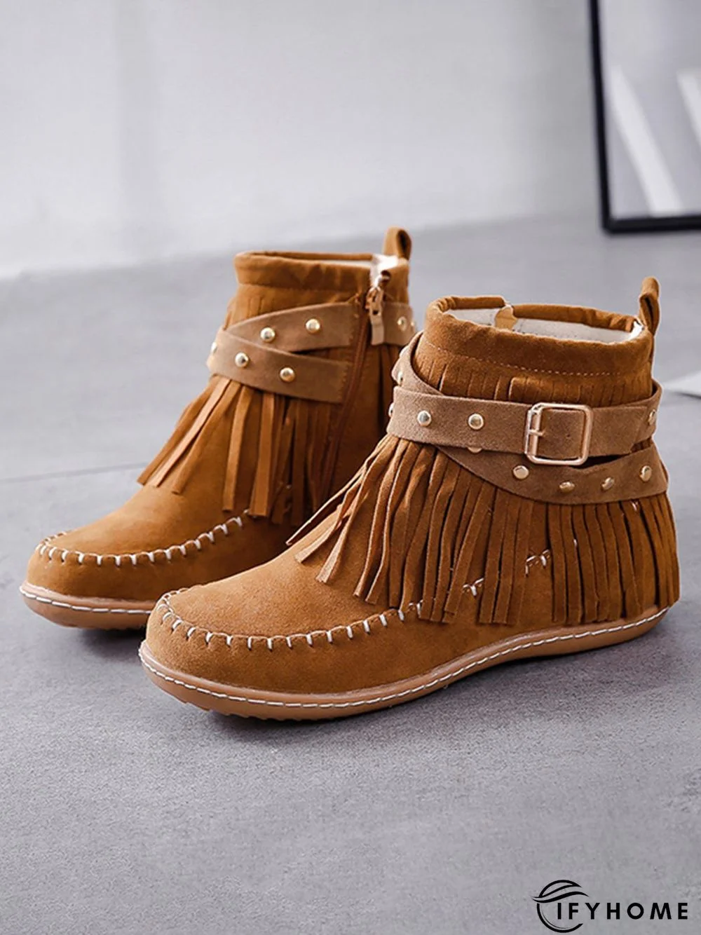Vintage Fringe Studded Flat Round Toe Buckle Booties | IFYHOME