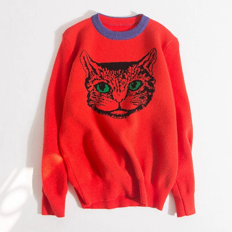 High Quality Runway Designer Cat Print Knitted Sweaters Pullovers Women Autumn Winter Long Sleeve Harajuku Sweet Jumper C-192