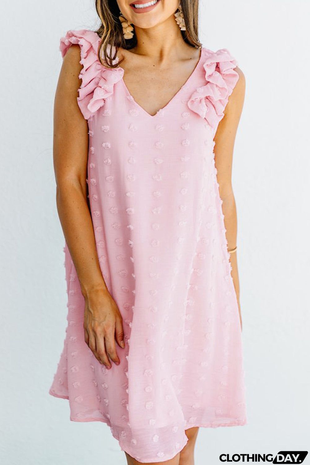 Swiss Dot V Neck Ruffled Sleeveless Mini Dress