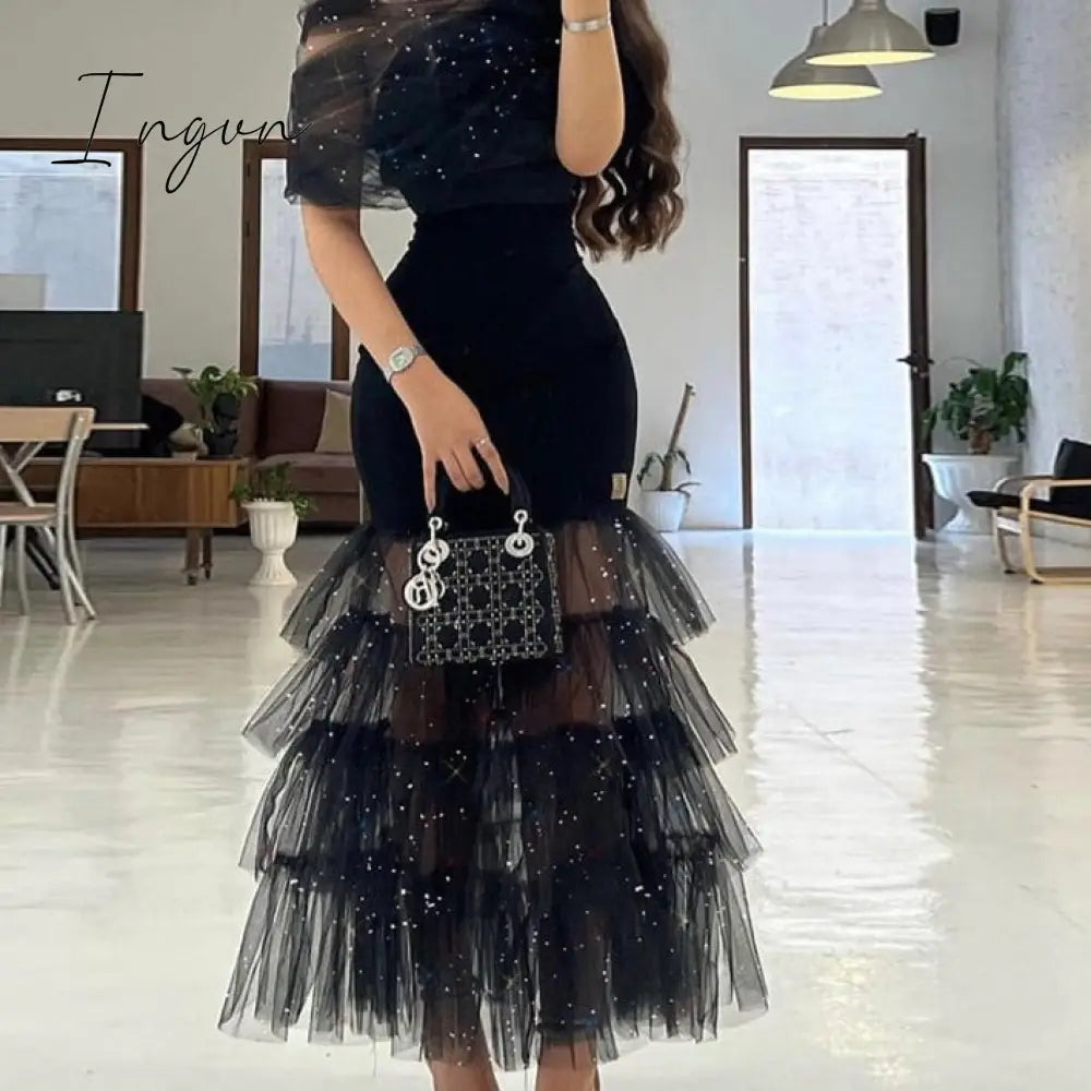 Ingvn - Women Sexy Solid Mesh Rhinestone Maxi Bodycon Formal Party Black Dresses / S 164