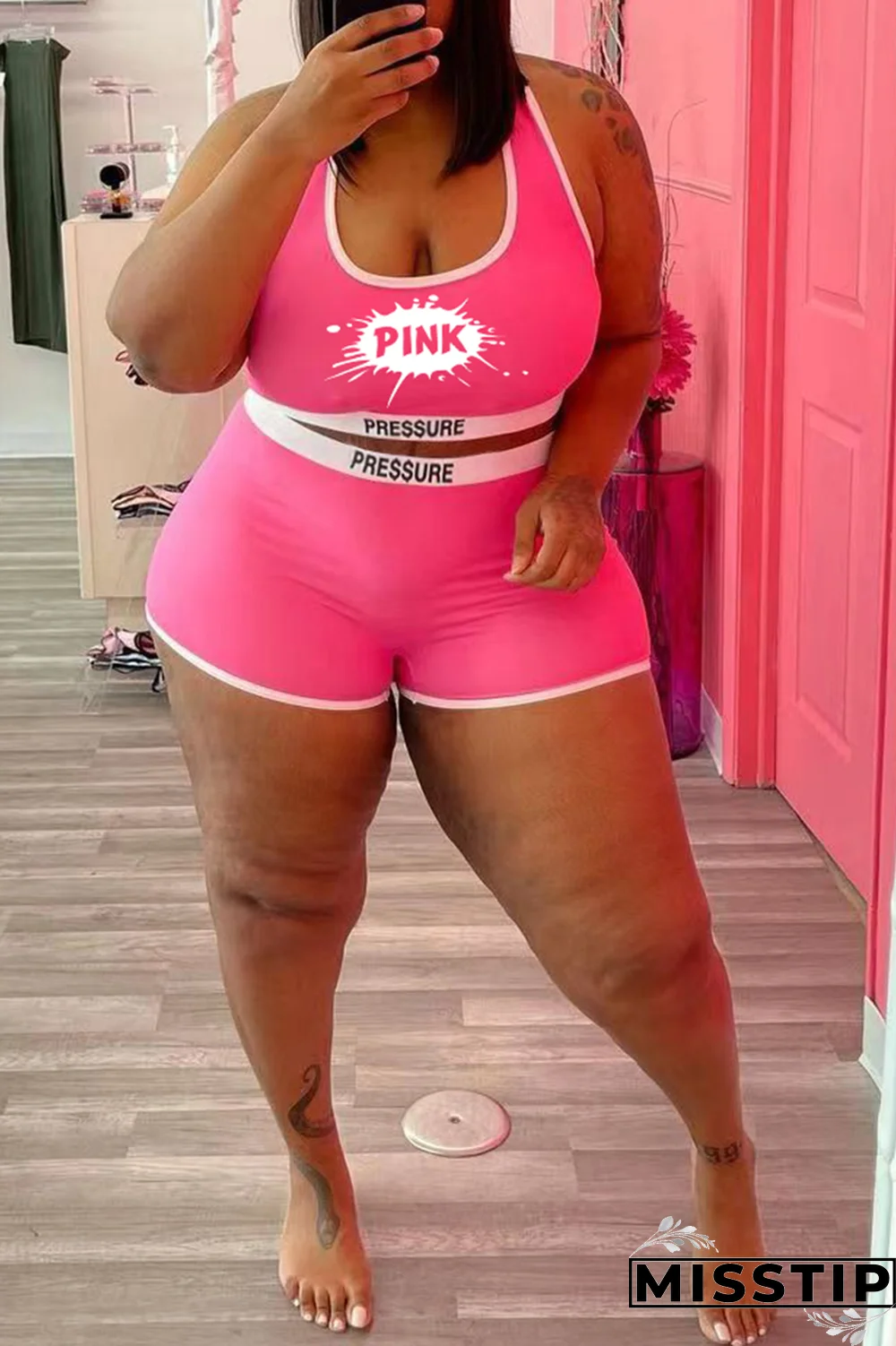 Black Street Print Patchwork U Neck Plus Size Two Pieces