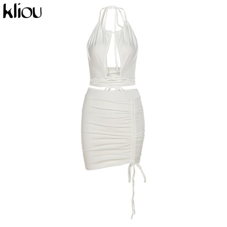 Kliou women halter bandage two piece outfits sleeveless backless crop tops+stacked skirt matching set sexy solid skinny clubwear - BlackFridayBuys