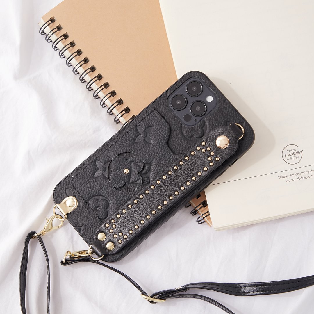 Luxury Monogram Insert Card Leather Phone Case with Hand Strap Holder & Body Crosschain