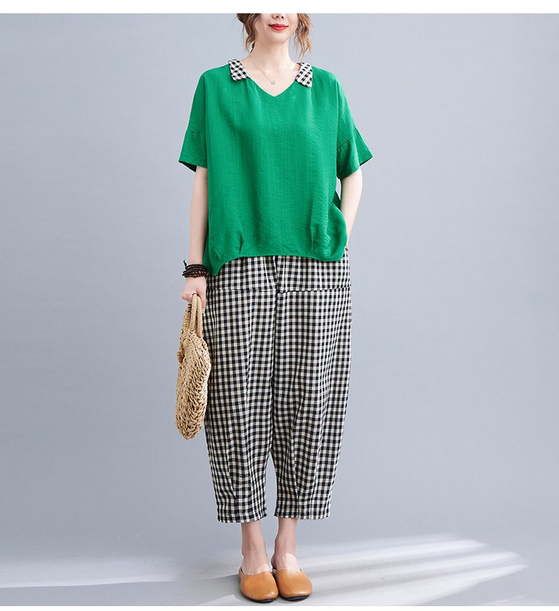 Loose Solid Color Short Sleeve T-Shirt Plaid Casual Pants Suit