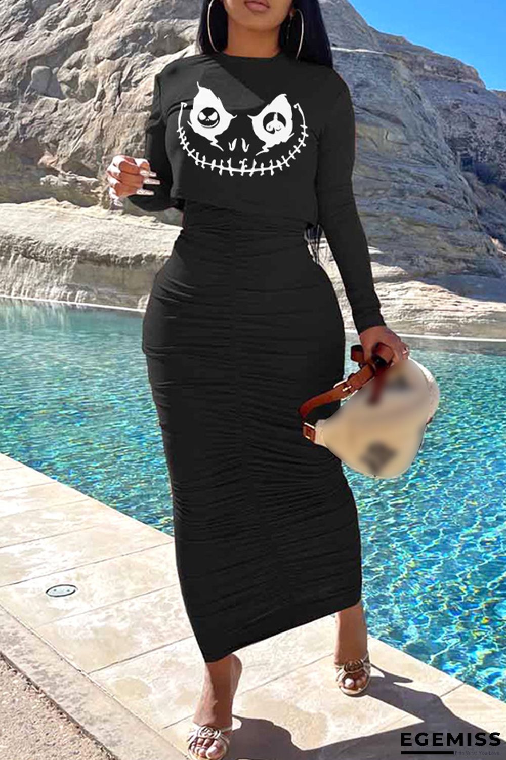 Black Casual Print Fold O Neck Long Sleeve Two Pieces | EGEMISS