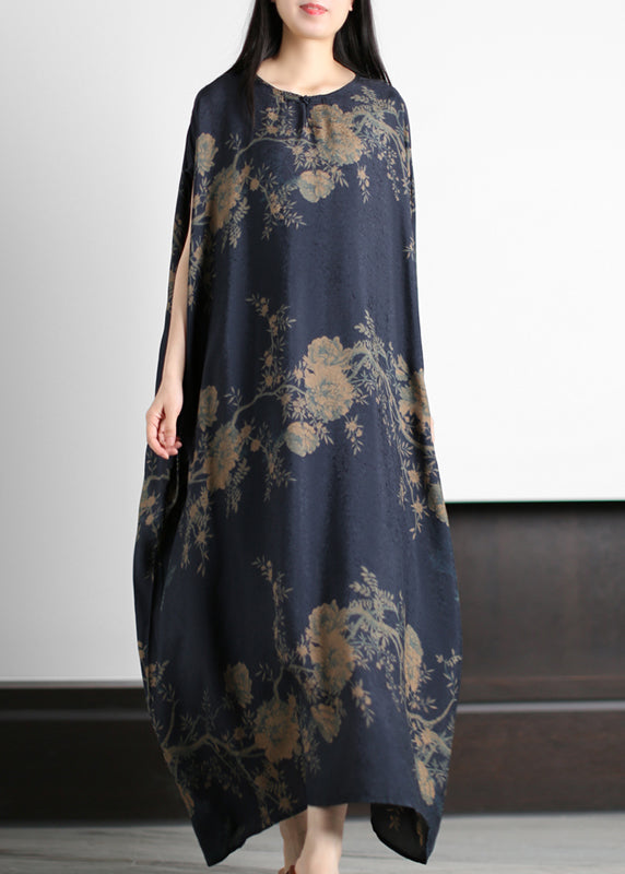 VCSHOES Dark Blue O-Neck Print Silk Holiday Dress Short Sleeve