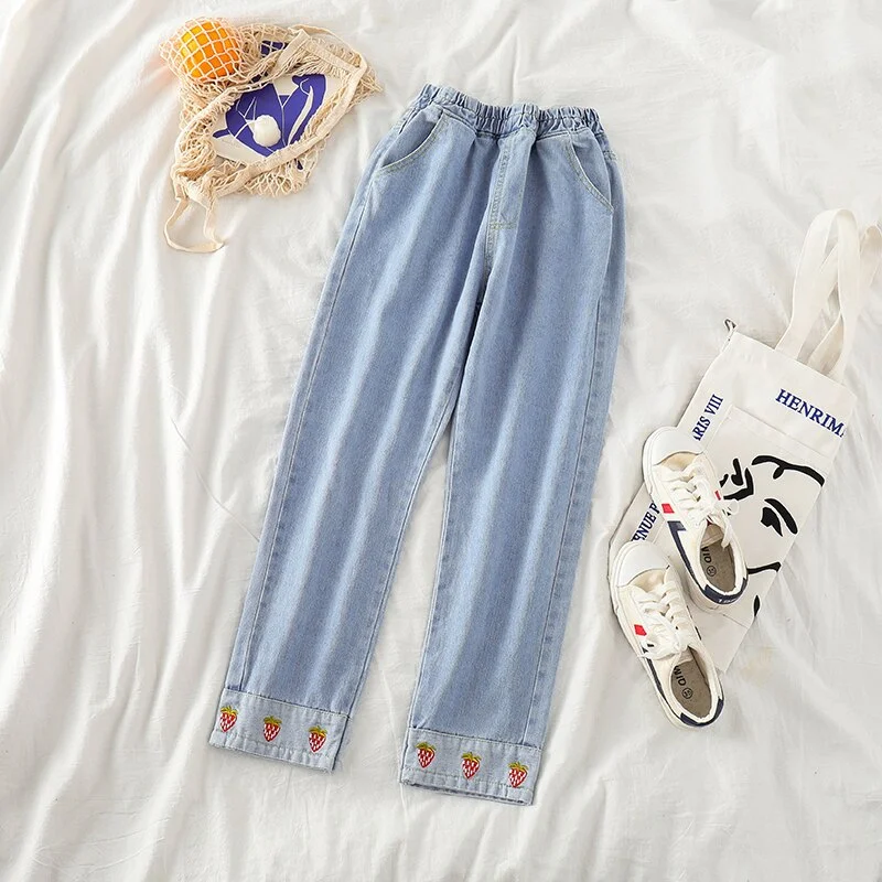 Jeans Women Kawaii Strawberry Embroidery Korean Fashion High Waist Trousers Womens Straight All Match Sweet Unique Casual Chic