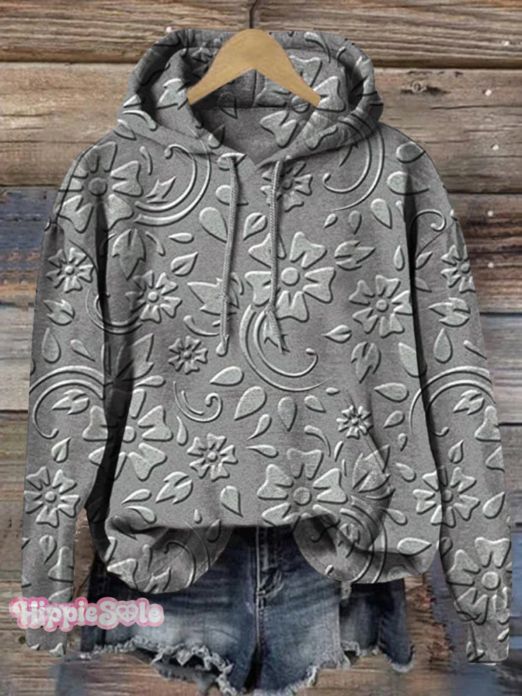Women’s Vintage Floral Textured Art Patterns Print Casual Pocket Hooded Sweatshirt Multicolor / S
