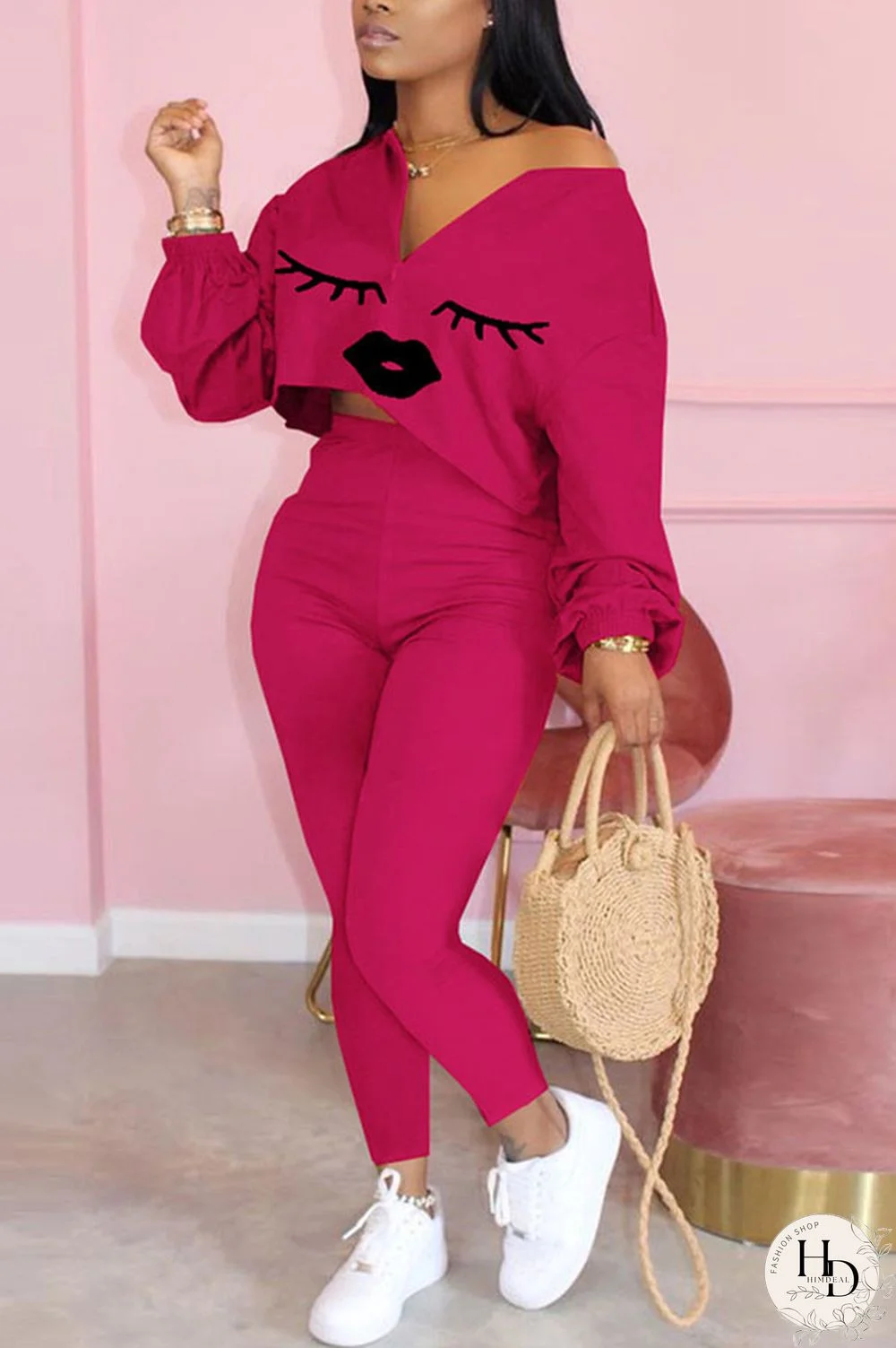 Yellow Sexy Print Lips Print pencil Long Sleeve Two Pieces