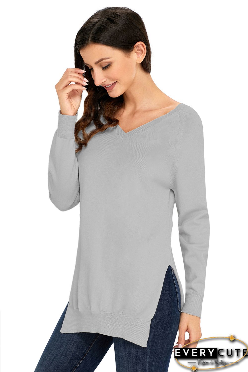Heather Grey V Neck Sweater