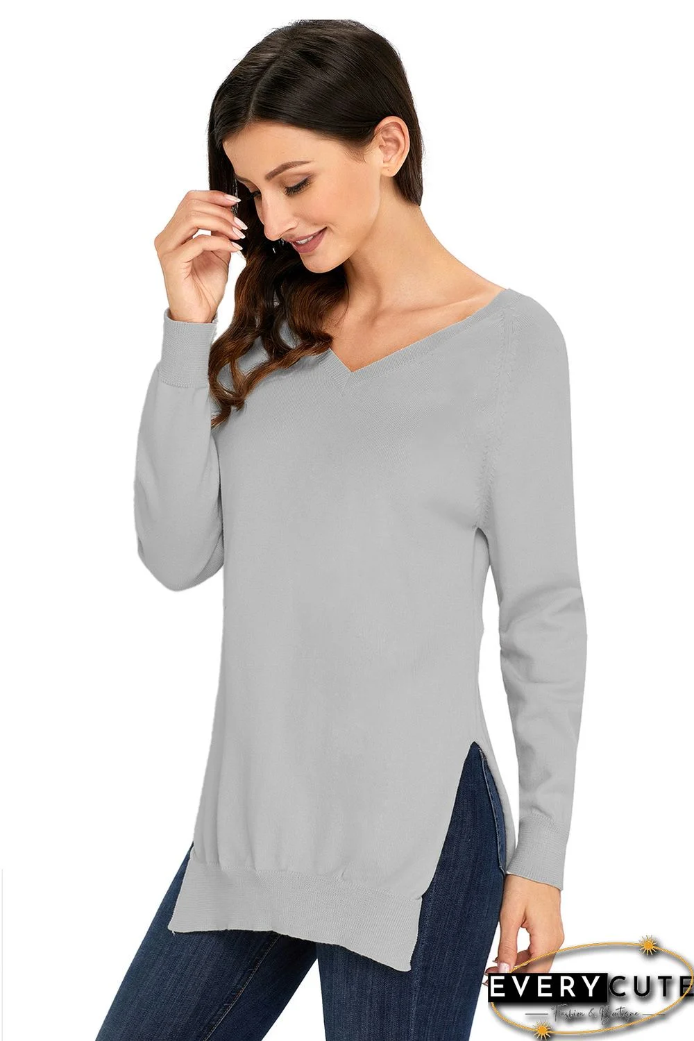 Heather Grey V Neck Sweater