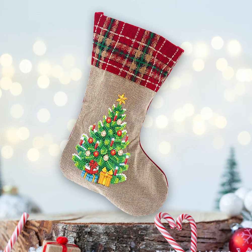 DIY Tree Christmas Socks Decor DIY Diamond Art Kits for Family Party Decoration(20*35cm)