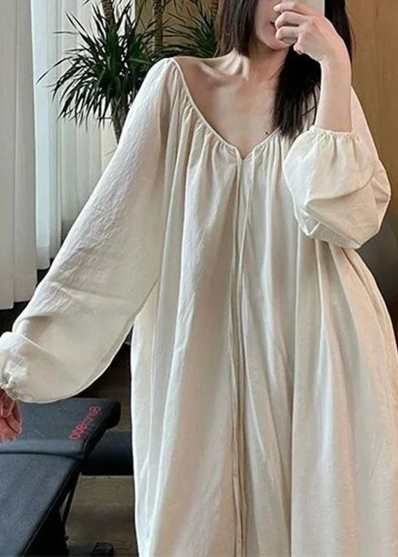 Loose White V Neck Cinched Backless Maxi Dress Long Sleeve