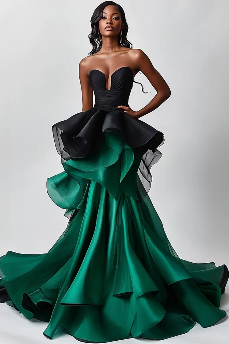 Patchwork Layered Asymmetrical Hem Maxi Dress-Dark Green [Custom-Made]