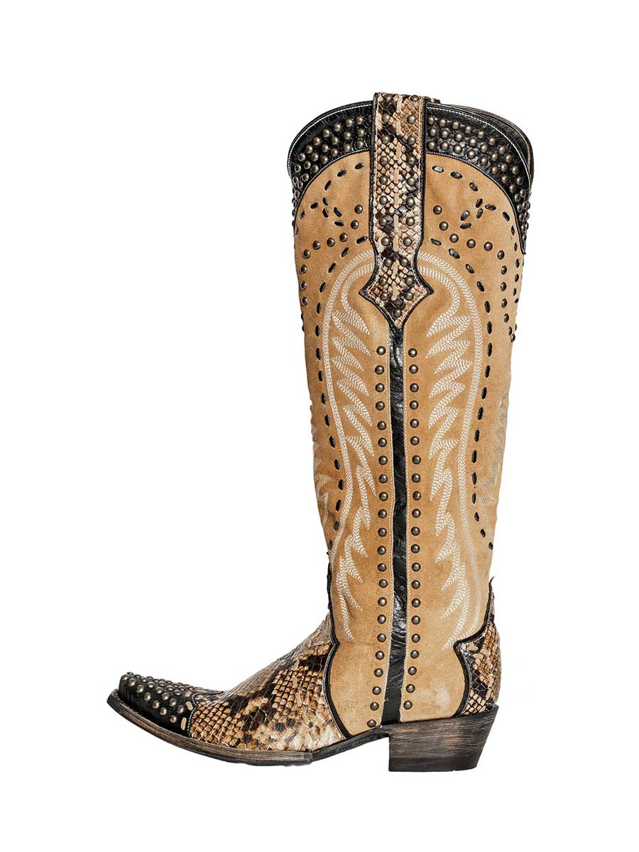 Brown Vegan Suede & Python Patchwork Studded Knee Cowgirl Boots