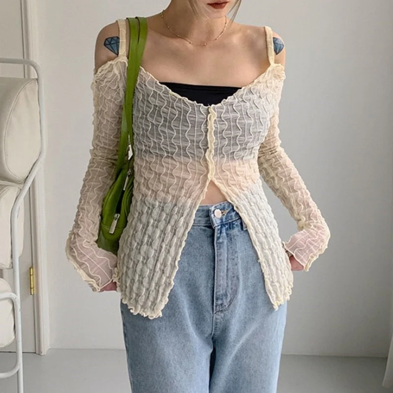 Rapcopter Vintage Off Shoulder Top Y2K Transparent Knitted Tshirt 90S Asymmetric Tee Korean Frill Top Women Streetwear Casual