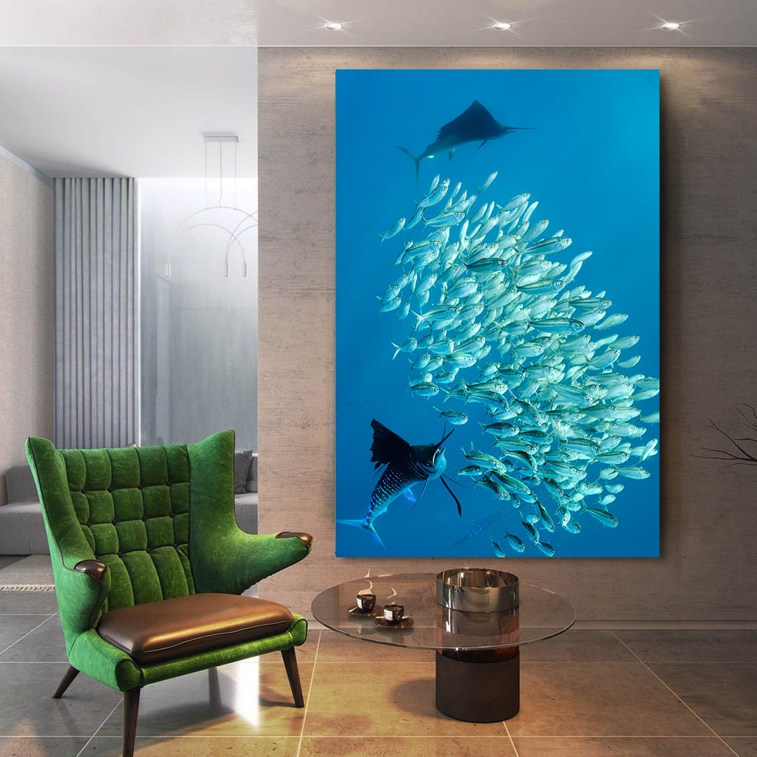 Swordfish Chase Shoal of Fish Canvas Wall Art