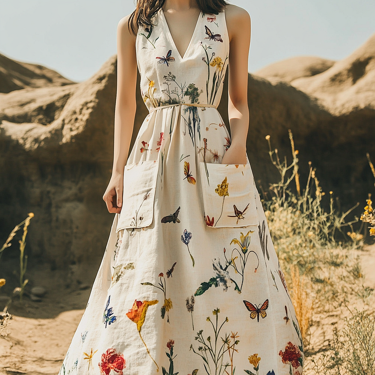 Women's Vintage Floral Art Cotton And Linen Pocket Dress