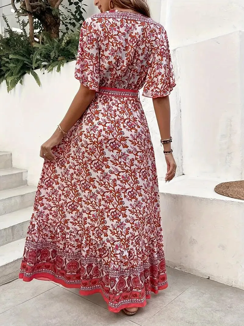 Maxikleid Damen Blumenmuster V-Ausschnitt Bindegürtel Kurzarm Fließend Sommerkleid Bequem Luftig Bohemian Stil-82359-6b4baf6b-445a-41f9-842a-eedb43b0d310