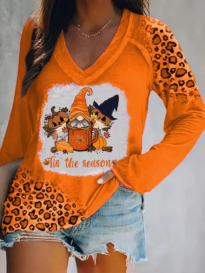 Women's Funny Halloween Fall Autumn - Tis The Season Printed Casual V-Neck Long-Sleeve T-Shirt