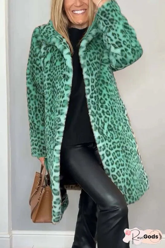 Leopard Print Lapel Long Sleeve Mid-length Plush Coat