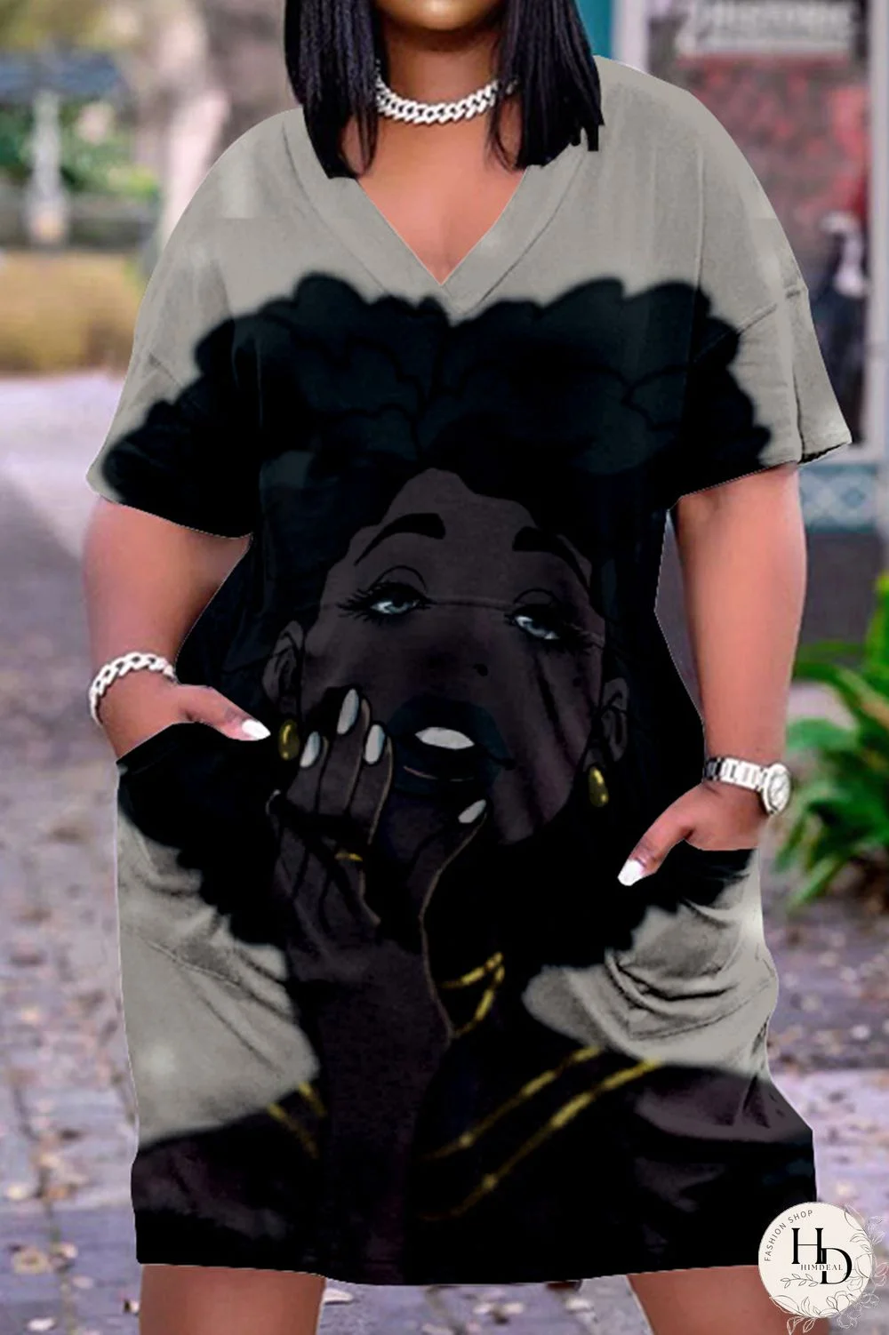 Multicolor Casual Street Print Patchwork V Neck Straight Dresses