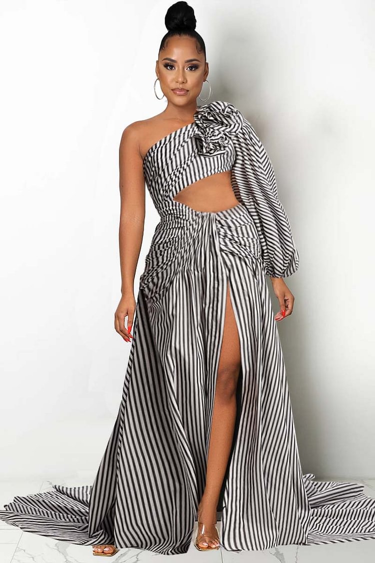 One Shoulder Long Bell Sleeve Cut Out Striped Slit Maxi Dresses 