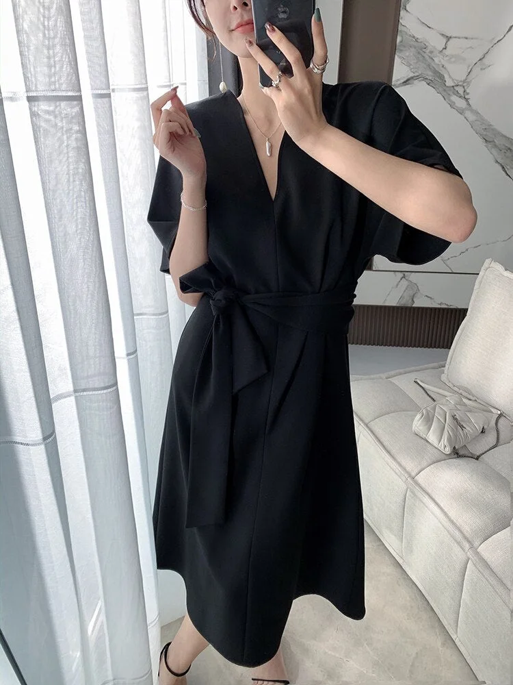 Summer New Women Short Sleeve Office Lady Elegant Vestidos Femme Clothes Midi Slim Solid Lace Up Dress