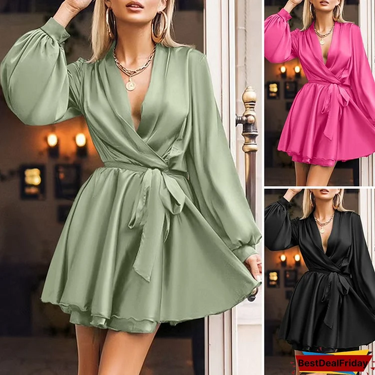 Women Silk Swing Mini Dress Lantern Long Sleeve V Neck Solid Color Party Casual Fashion Wrap Dress Plus Size