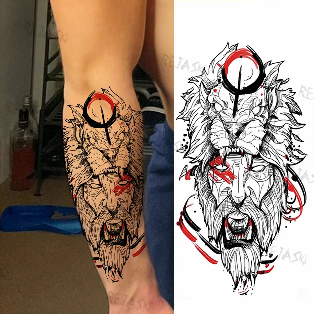 Big Compass Lion Temporary Tattoos For Men Foreearm Women Adults Wolf Tiger Skull Rose Owl Eye Fake Tattoo Sticker Tatoos