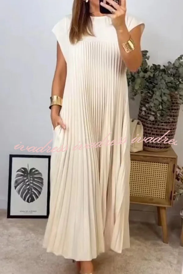 Solid Color Round Neck Sleeveless Pleated Large Hem Maxi Dress