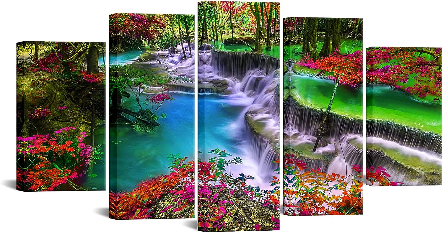 LevvArts - 5 Pieces Forest Canvas Wall Art Waterfall River Picture Prints Vivid Nature Landscape Painting Giclee Artwork Framed for Kitchen Wall Decoration Moderen Home Office Decor