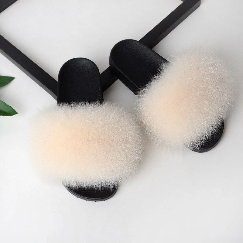High Quality Real Fox Hair Slippers Plush Furry Real Fur Slippers 2020 Summer Flat Slides Women Flip Flops Ladies Sandals Shoes