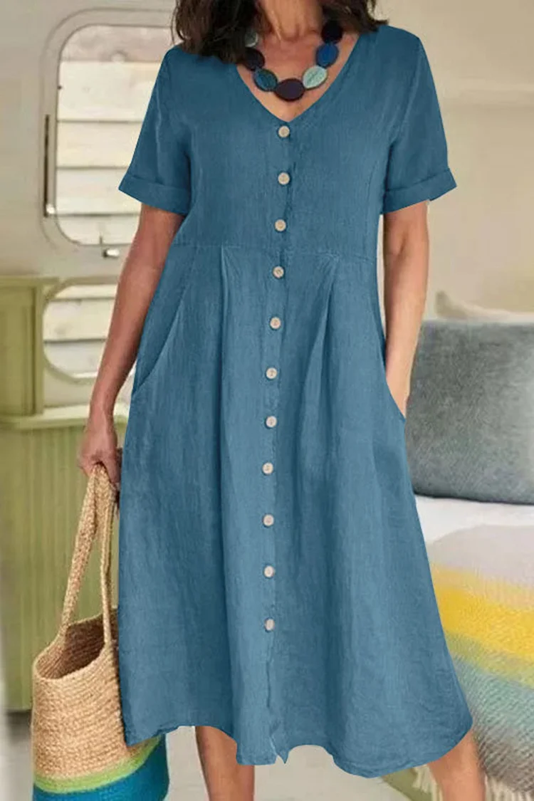 V Neck Button Up Side Pocket Short Sleeve Plain Linen Midi Dresses