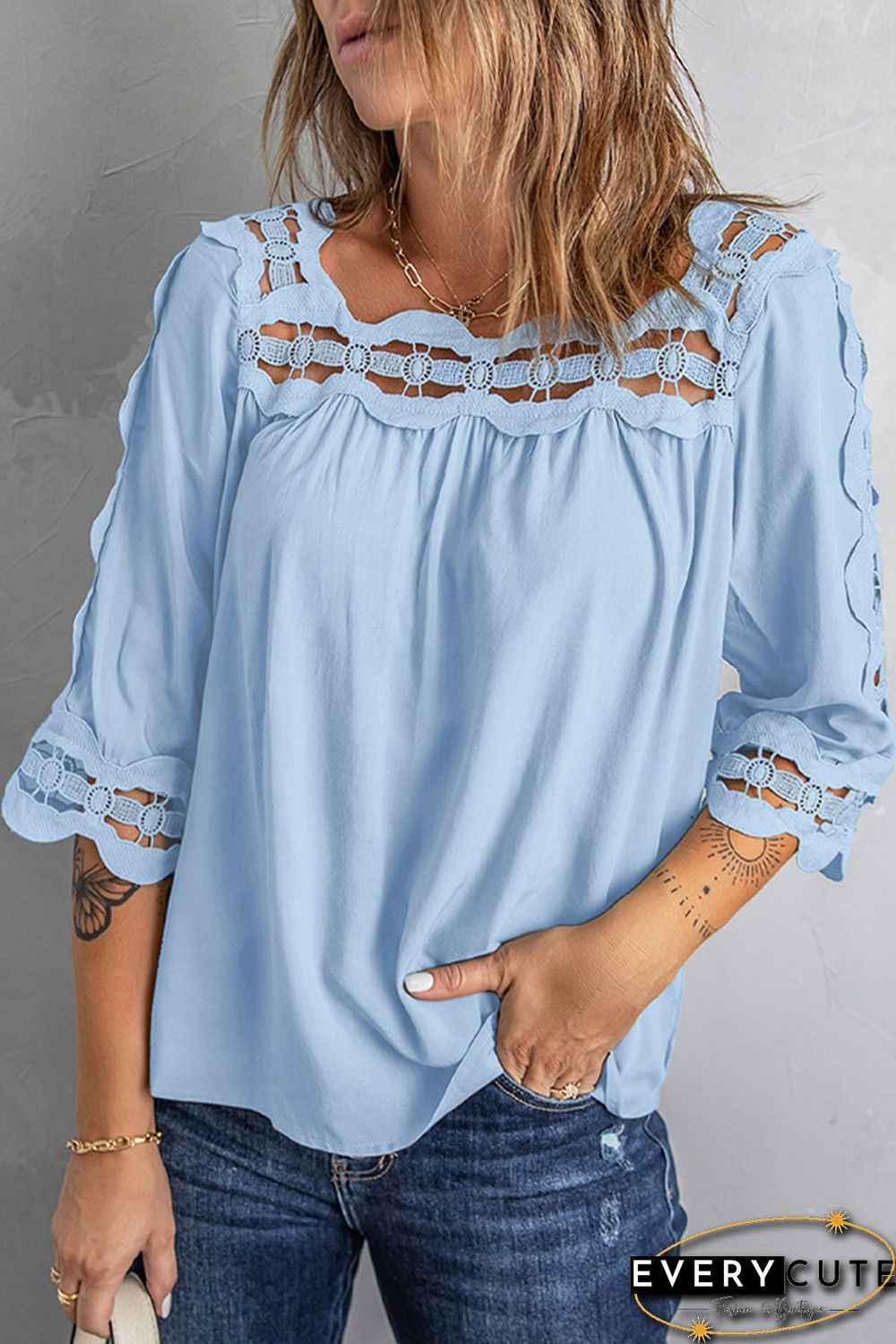 Sky Blue Crochet Trim Hollow-out Blouse