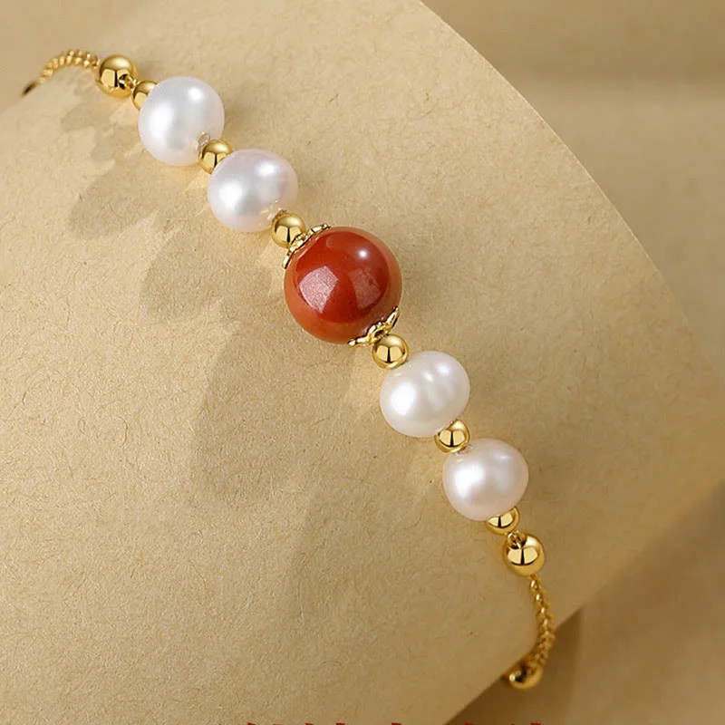 925 Sterling Silver Pearl Cinnabar Healing Bead Chain Bracelet