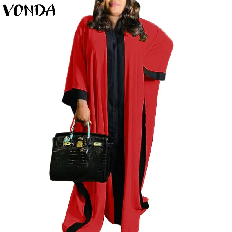 Summer Sexy V Neck Solid Women Maxi Dresses VONDA 2022 Ladies Pleated Baggy Vestidos Female Patchwork Print Party Robes Longue