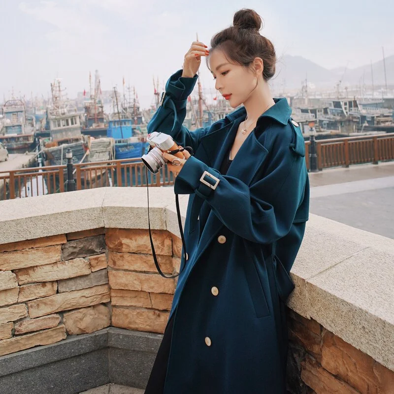 Brand New Fashion Long Double Breasted Women Trench Coats with Belt Lady Duster Coat Female Cloak Outerwear Black Blue Burgundy