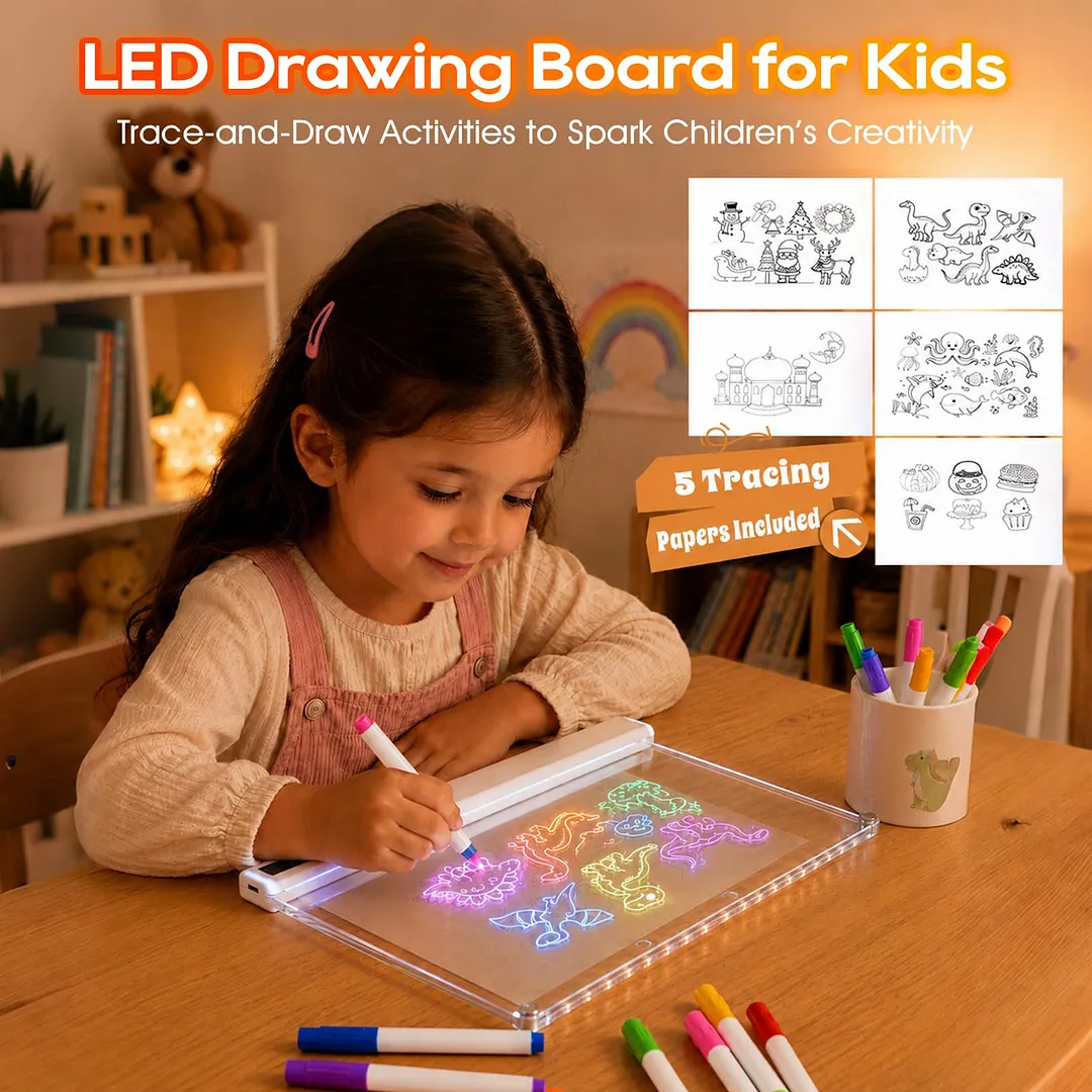 BEBANG LED Drawing Board for Kids, 2000mAh Battery, Built-in Stand, 14 Light Modes & 8 Colors, 7 Markers, Ideal Birthday Gift for Kids