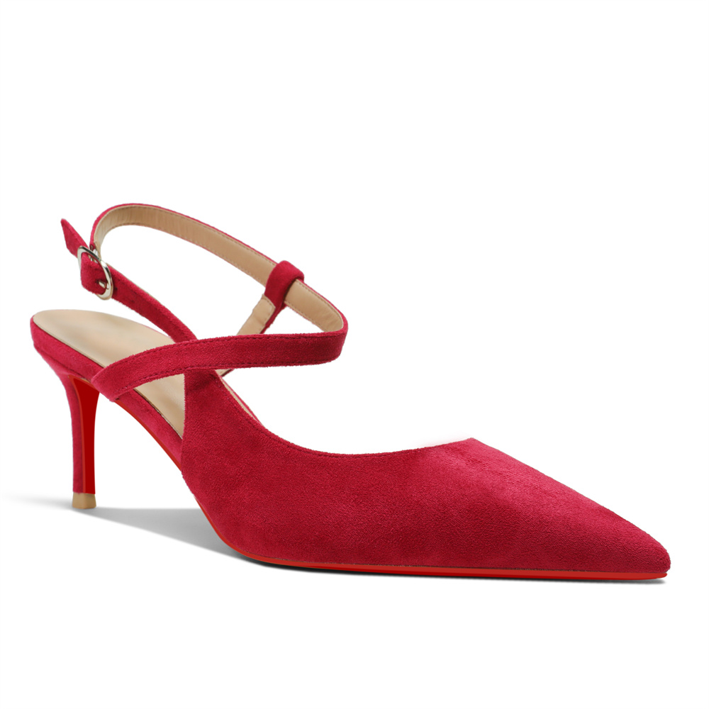 65mm Women Slingback Pumps Ankle Strap Red Bottom Stiletto Mid Heel Close Pointed Toe Daily Summer Suede Sandals-MERUMOTE