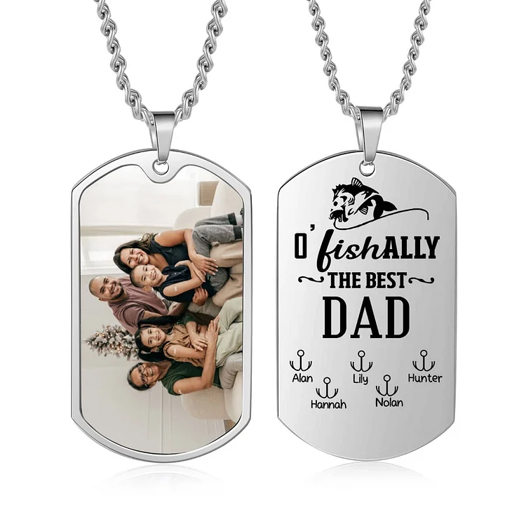 O'Fishally The Best Dad Necklace Custom Photo Dog Tag Necklace with 5 Fishing Hooks