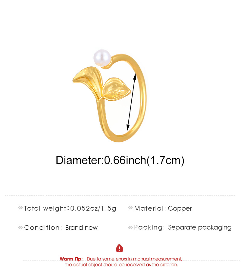 Leaf pearl open-ended gold-plated ring