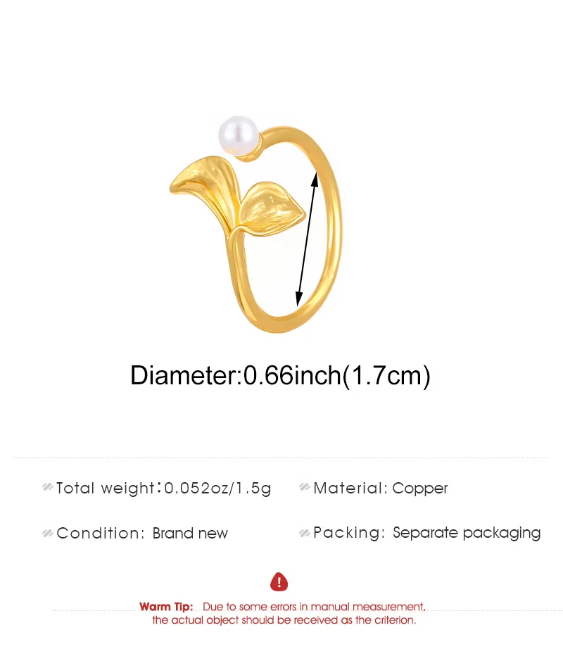 Leaf pearl open-ended gold-plated ring