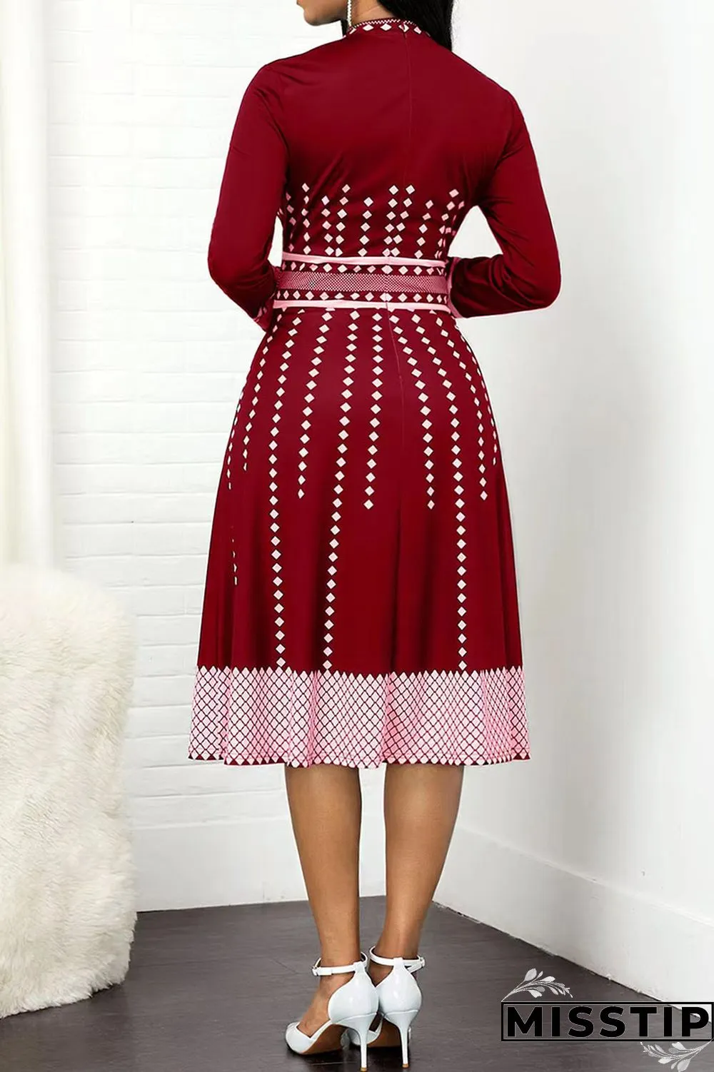 Olive Green Casual Print Polka Dot Patchwork O Neck A Line Dresses