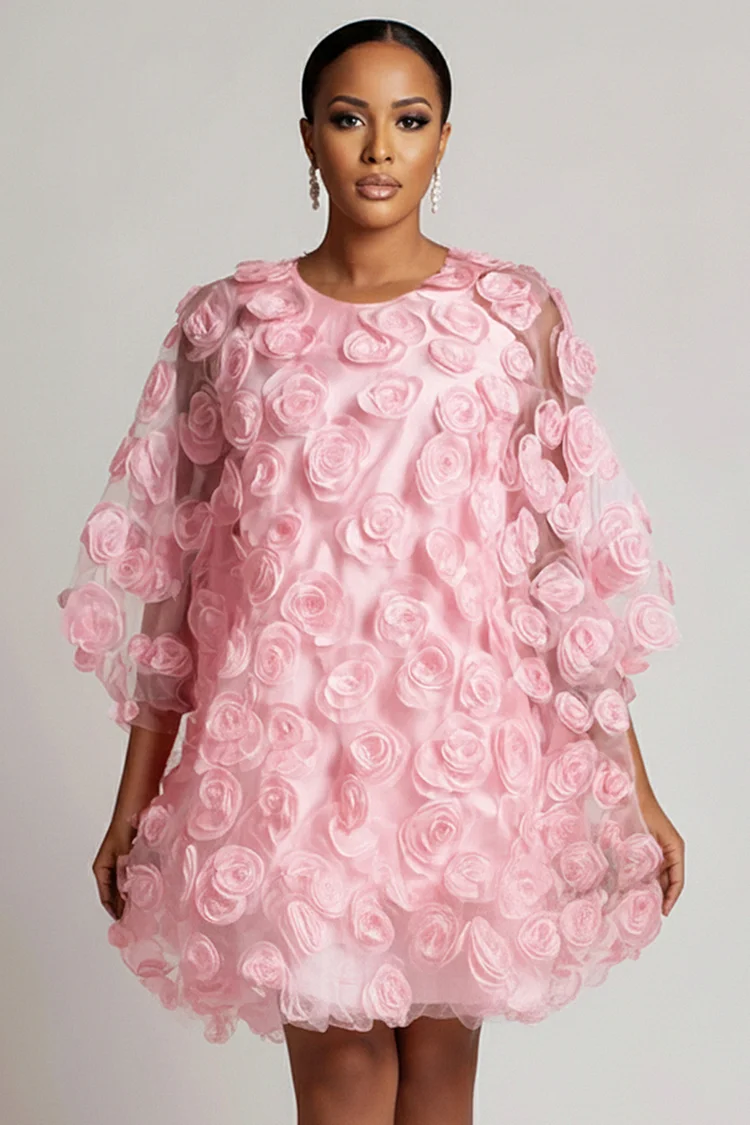 Xpluswear Design Plus Size Party Pink Round Neck 3/4 Sleeve 3D See Through Mini Dresses [Pre-Order] 2024 - Xpluswear