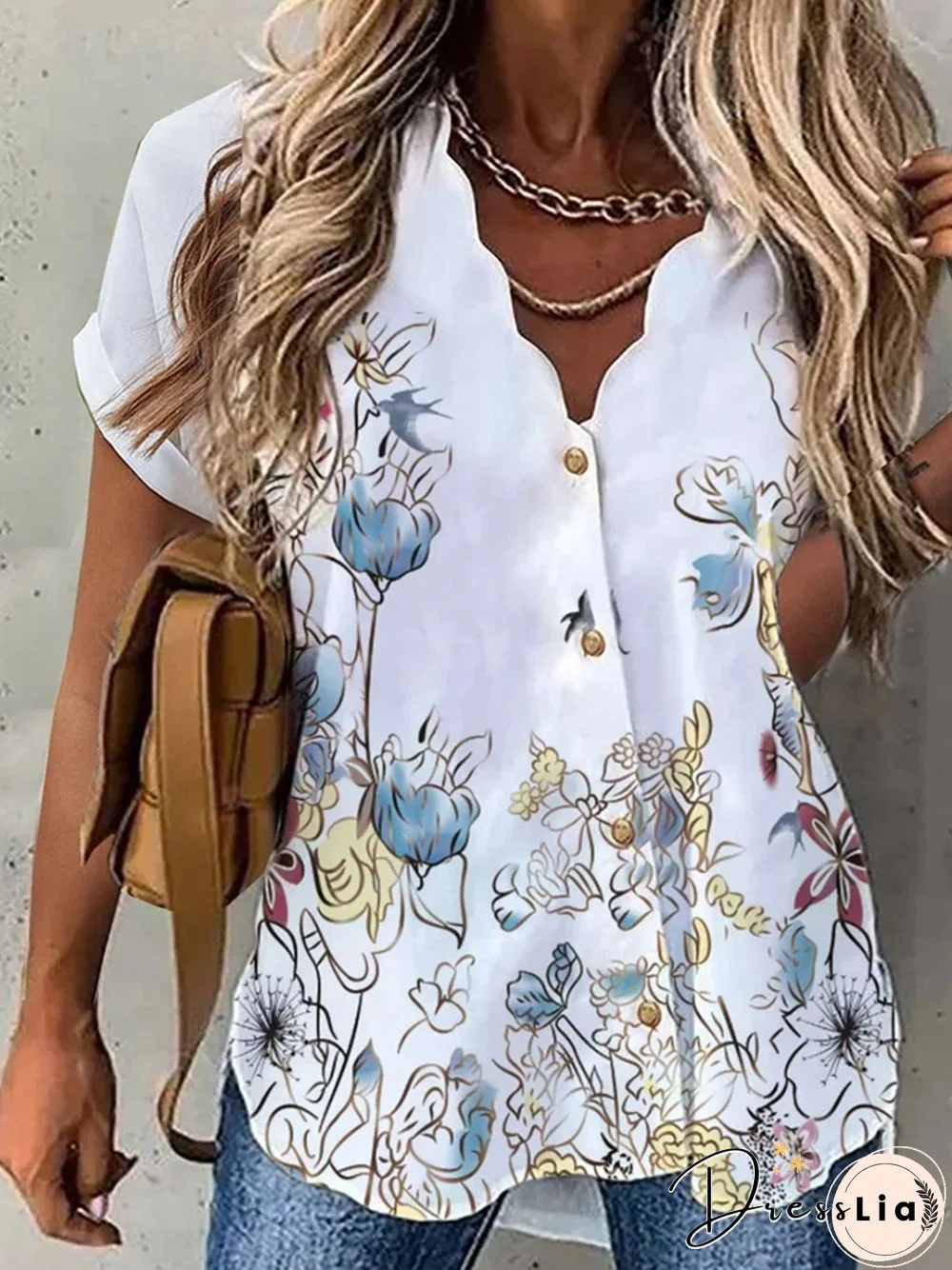 Loosen Casual Floral Short Sleeve Blouse