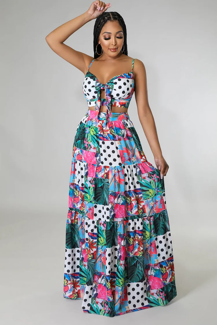 Strap Tie Up Printed Maxi Skirt Sets