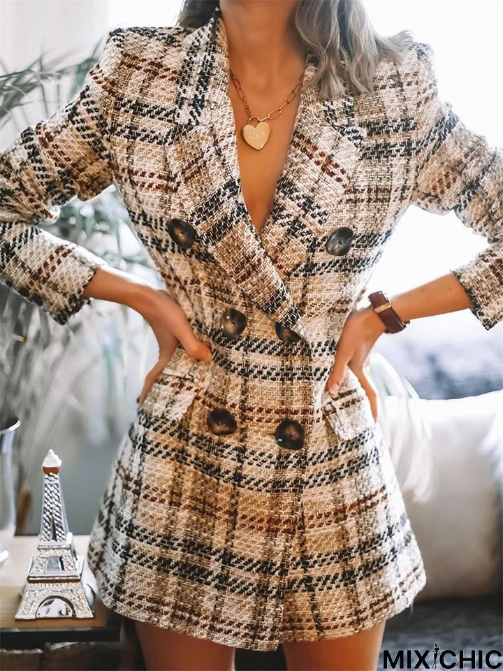 Double-Breasted V-Neck Fashion Printed Plaid Coat