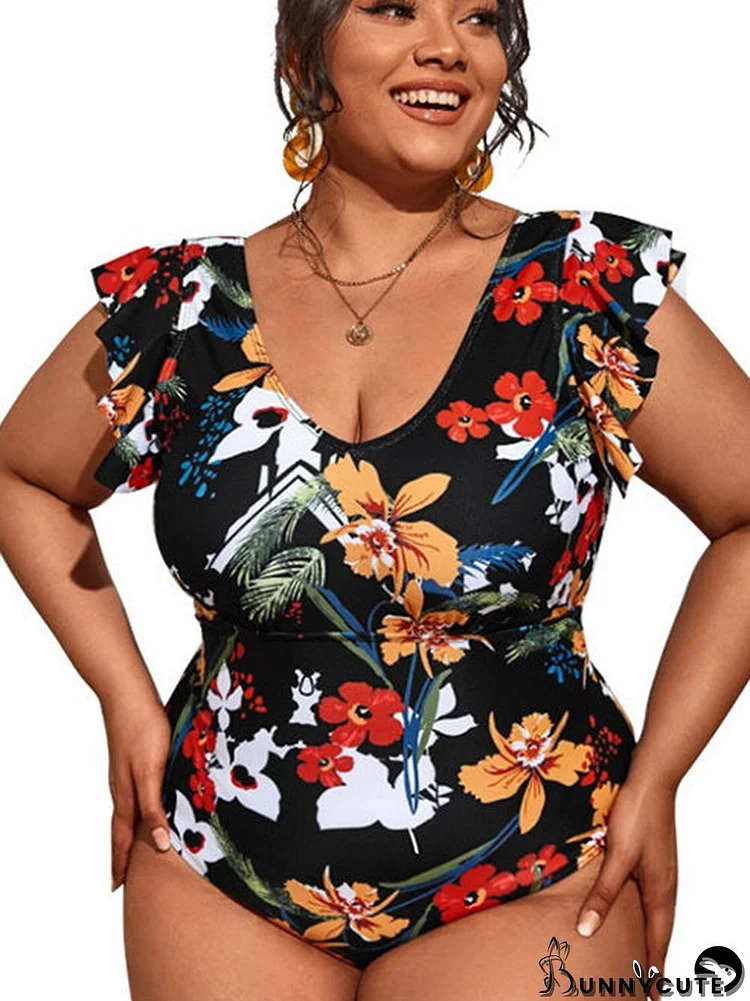 Plus Size Printed Wide Strap One Piece Swimwear